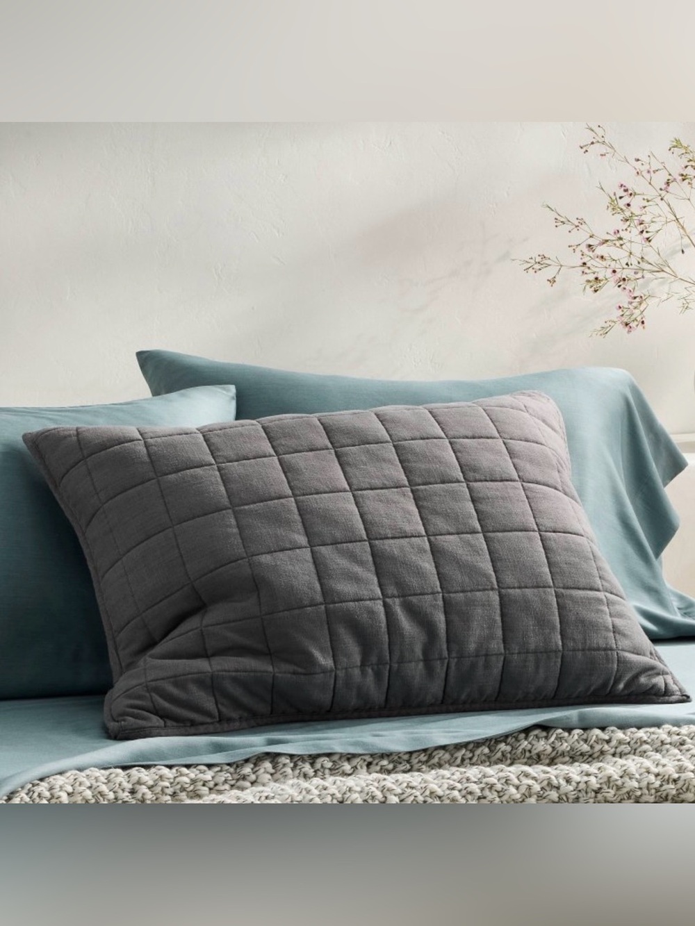 Casaluna Linen, Cotton & Rayon Charcoal Gray Quilted Pillow SHAM - 20”x26”. New!